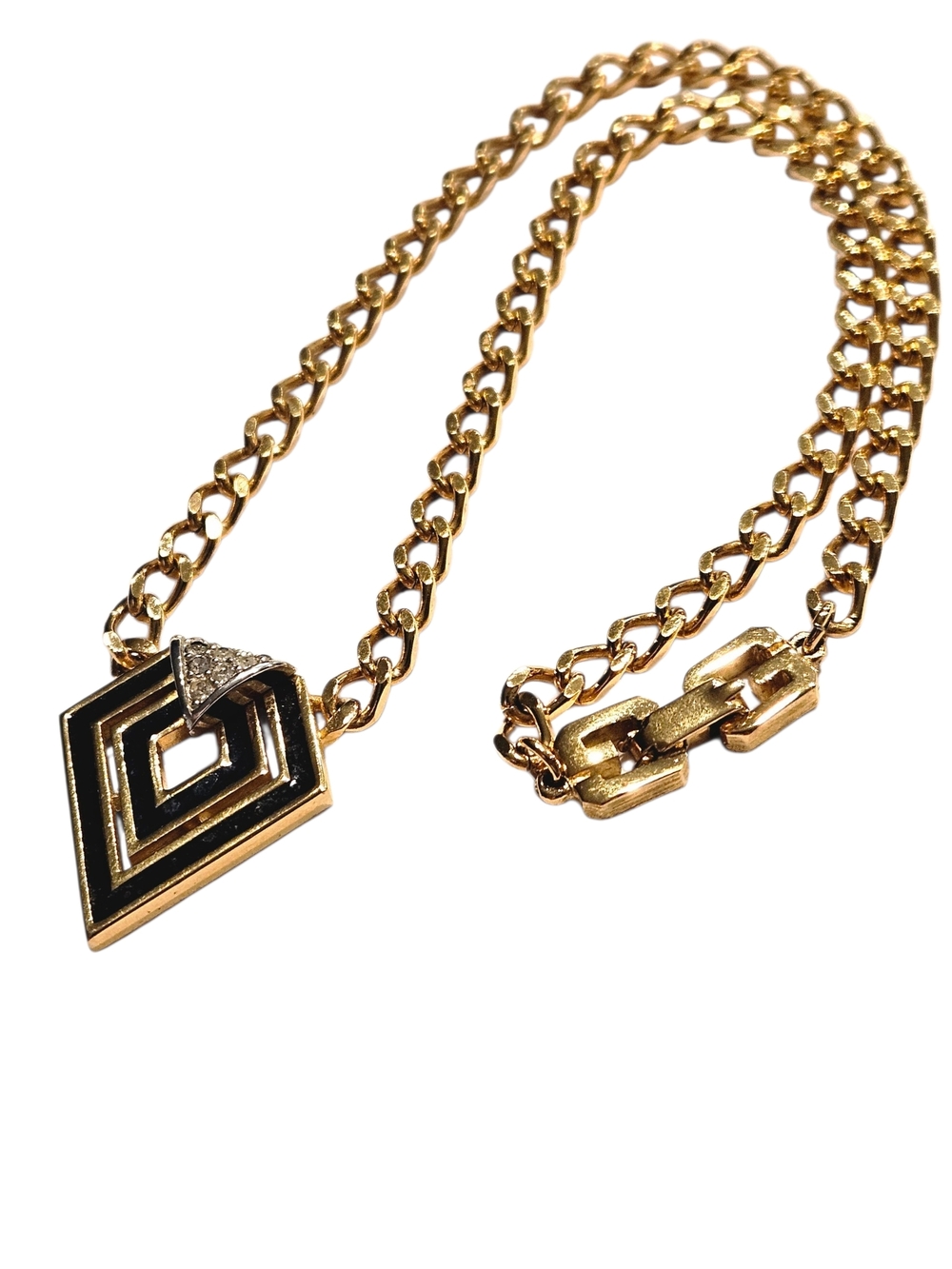 1979 Givenchy Vintage Gold Chain Choker Necklace Black Enamel Crystal Pendant